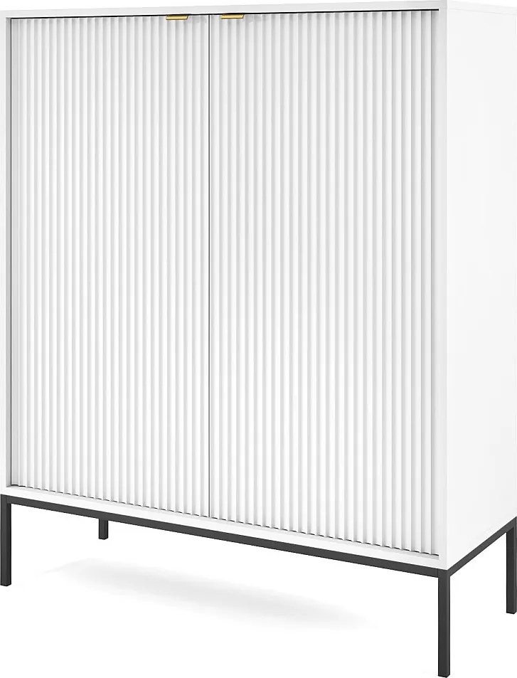 Komoda Wysoka Geriffelt NOVA – 2 drzwi, Highboard z złotymi uchwytami, Biały, czarne nogi 125x104x39cm - Elegancka do salonu