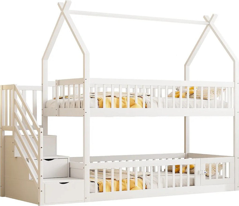 Łóżko piętrowe dla dzieci 90×200 cm - z drabiną bezpieczeństwa i 3 szufladami - białe (materac nie jest zawarty)