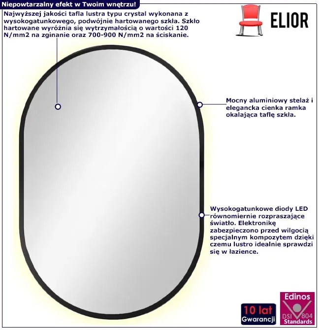 Czarne owalne eleganckie lustro 95x40 cm M2-S38