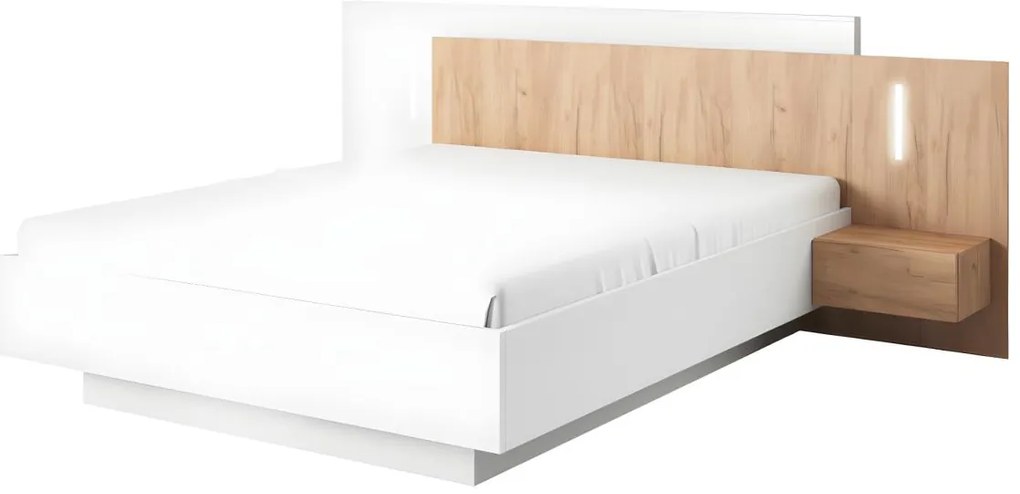 Łóżko ze skrzynią i szafkami nocnymi 160 x 200 cm - 2 szuflady - Z oświetleniem LED - Kolory: Biały i naturalny - FRANCOLI