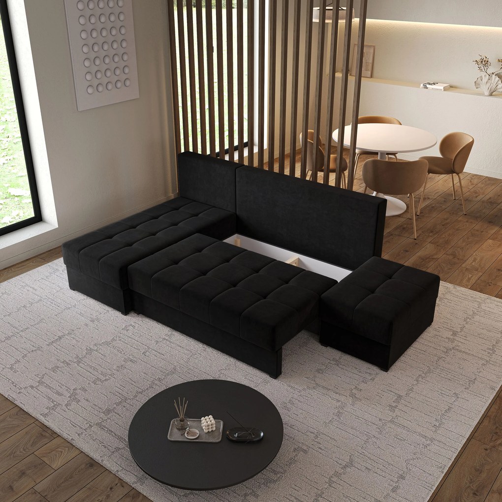 Masseno Narożnik NORVI z funkcją spania i pojemnikiem na pościel Narozniki L, Rozkładana sofa - Czarny, KRONOS 07