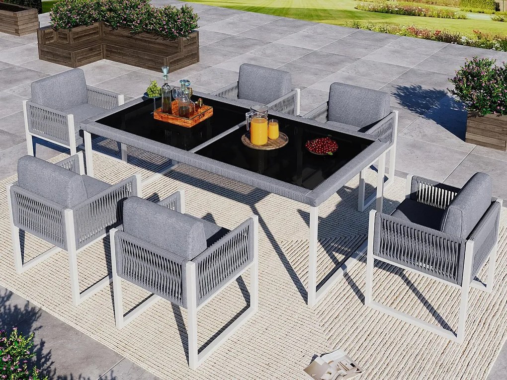 Zestaw mebli ogrodowych do jadalni dla 6 osób - 6 foteli - 1 stół - konstrukcja z ocynkowanej stali - z zdejmowanymi i pralnymi tkaninami - szary