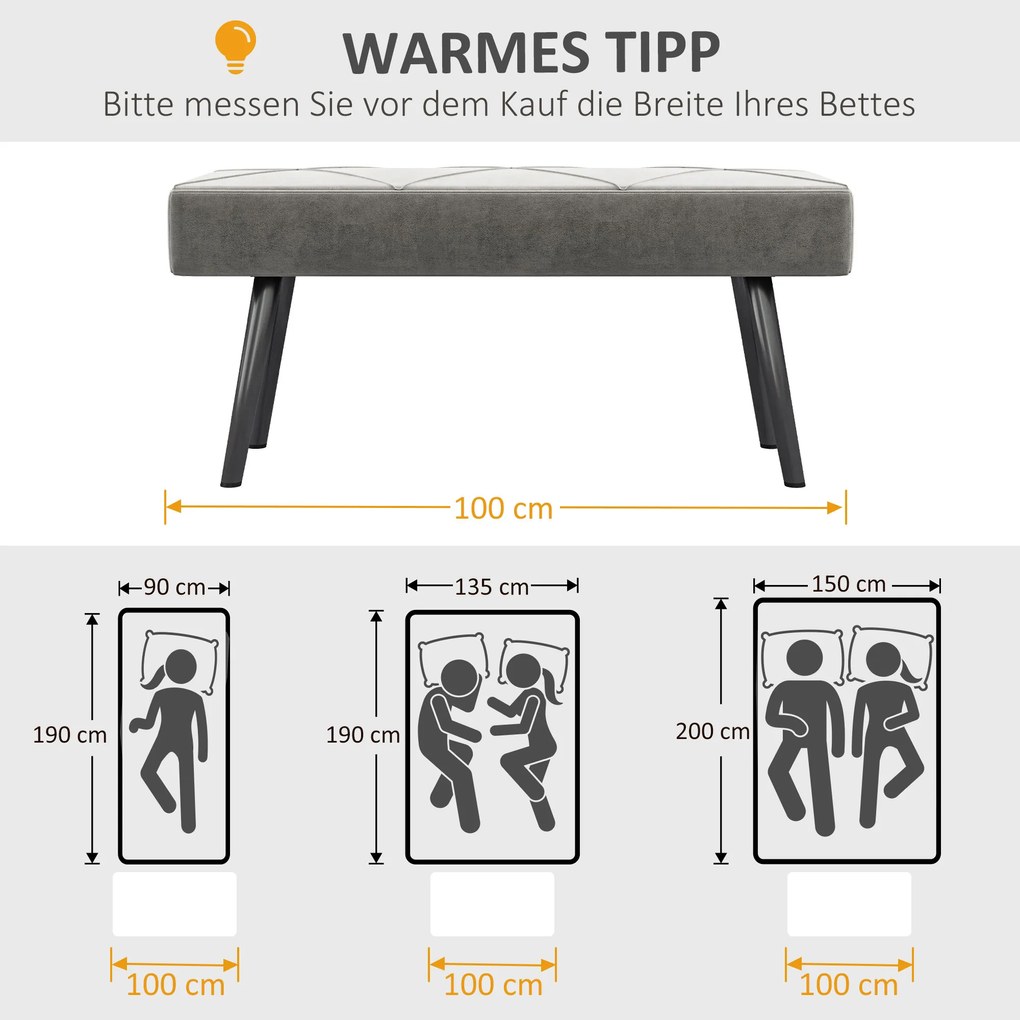 HOMCOM Ławka Tapicerowana Ławka do Sypialni, Wygląd Aksamitu, 100 x 36 x 45 cm, Szary