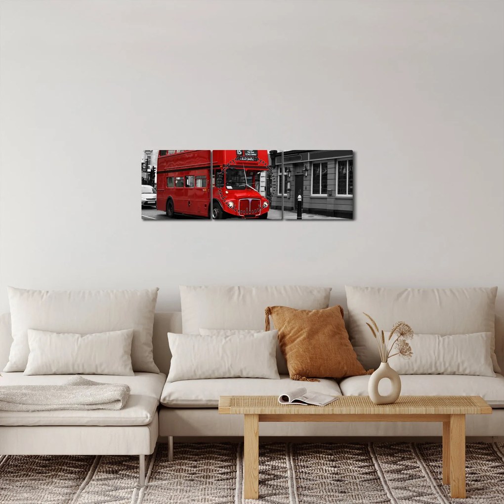 Obraz - Londyn z autobusem (z zegarem) (90x30 cm)