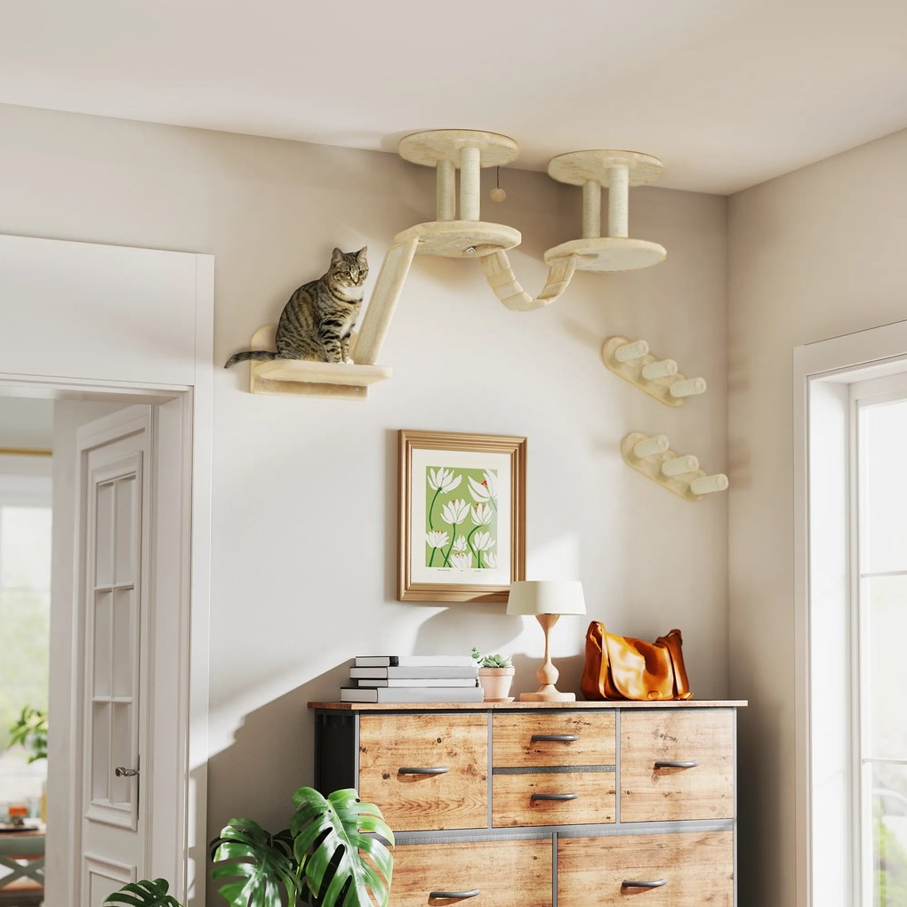 PawHut Zestaw schodków dla kota, montaż ścienny i sufitowy, dla kotów do 5 kg, Beżowy