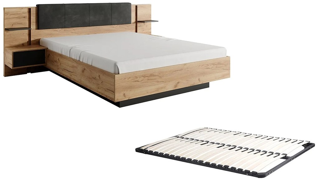 Łóżko z szafkami nocnymi160 x 200 cm - Z diodami LED - Kolory: Naturalny i Antracyt + Stelaż - ELYNIA