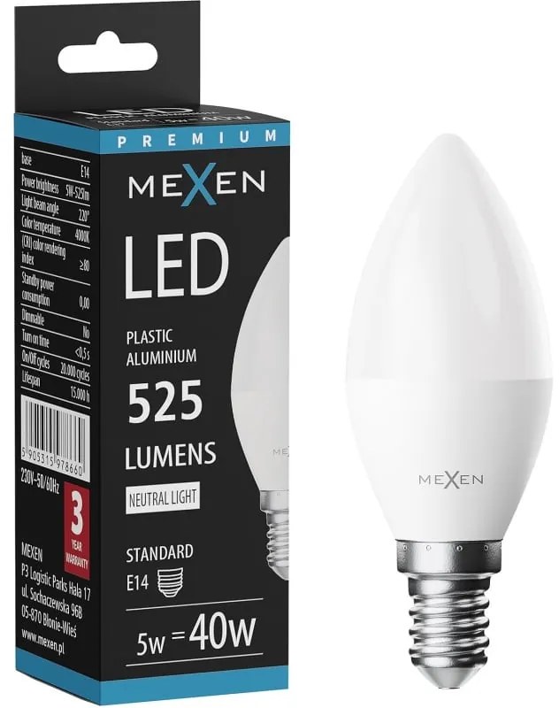 Mexen Nova żarówka LED E14, C37, 5W, Neutralna - 4000K, 525 lm - L102-E14-0540-01
