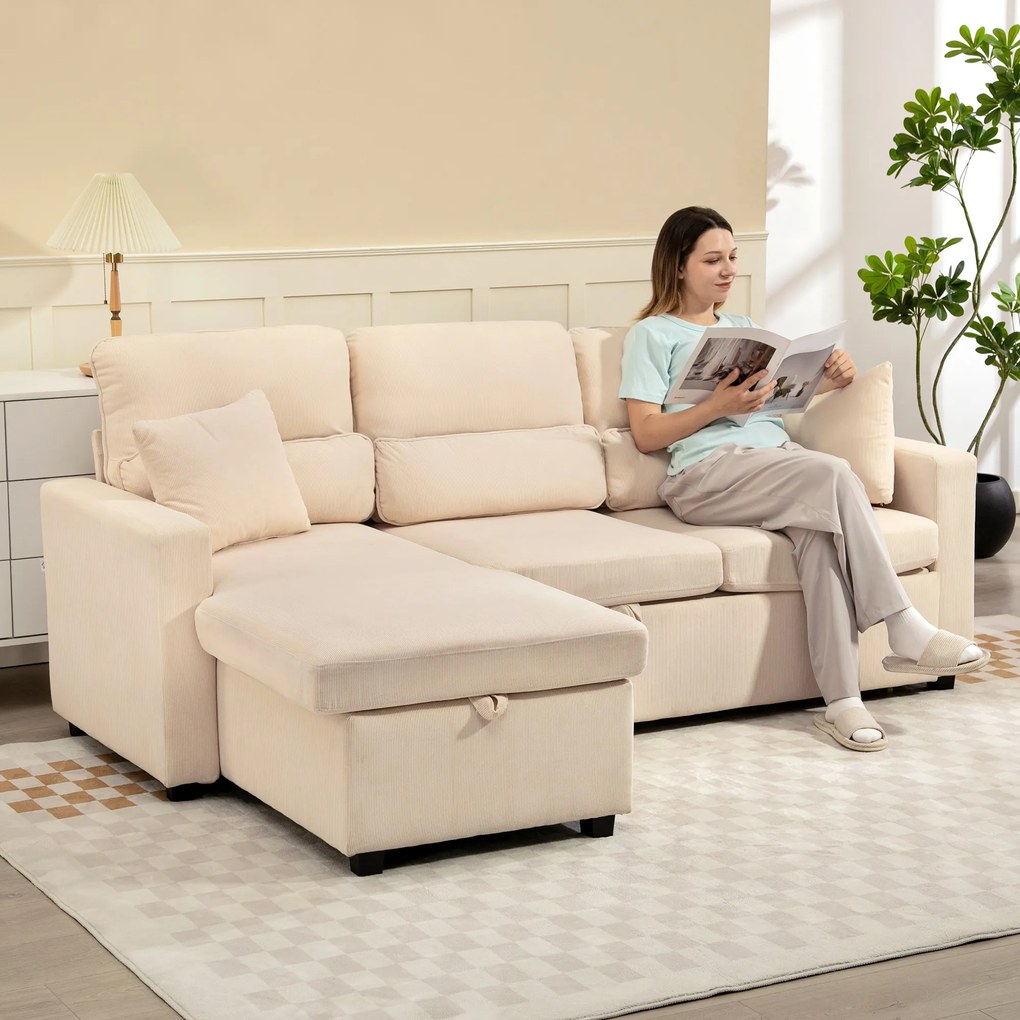 HOMCOM Regulowana sofa rozkładana, narożna sofa dla gości z funkcją łóżka, schowek, poduszki, do salonu, pokoju gościnnego, beżowy