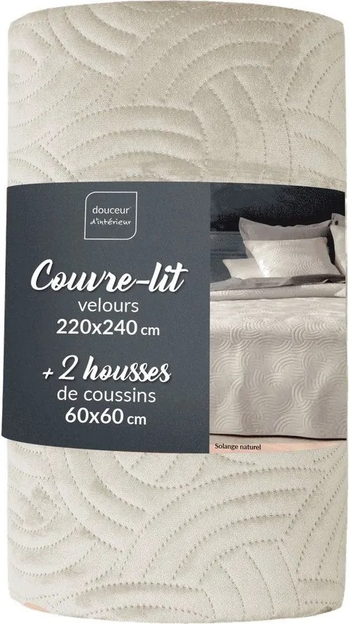 Kremowy aksamitny zestaw narzuty na łóżko i poszewki na poduszkę 220x240 cm Solange – douceur d'intérieur