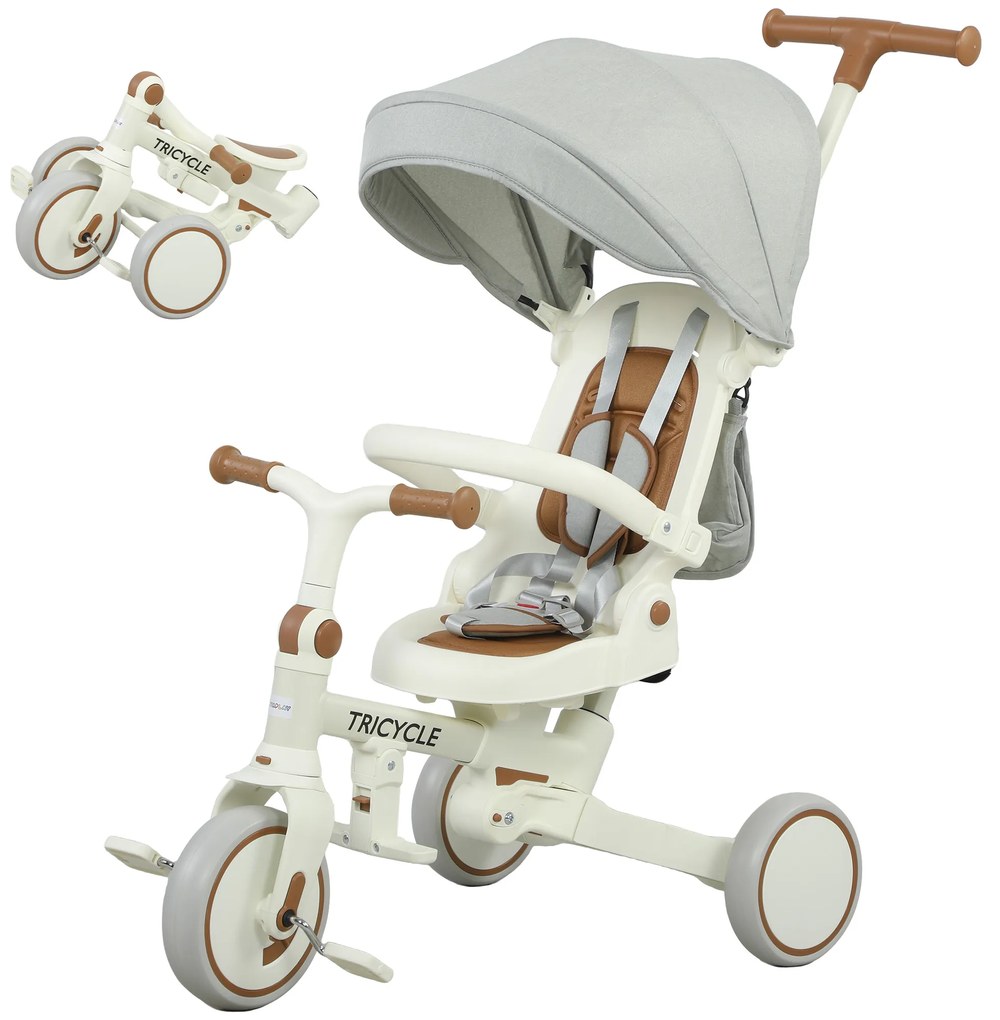 AIYAPLAY Dziecięcy trójkołowiec, zmienny wózek dla niemowląt, 5-w-1 design, zdejmowany uchwyt, regulowany, pas bezpieczeństwa, torba na akcesoria, 1-3 lat, kremowy