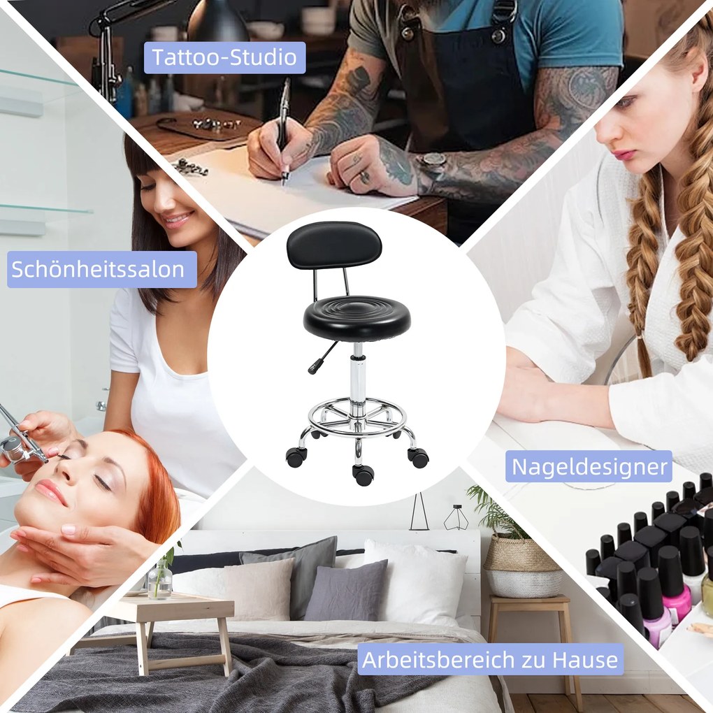 HOMCOM Obrotowy i Regulowany Taboret z Oparciem, Pokrycie z Ekoskóry, Podnóżek, do Stołów Fryzjerskich, Czarny