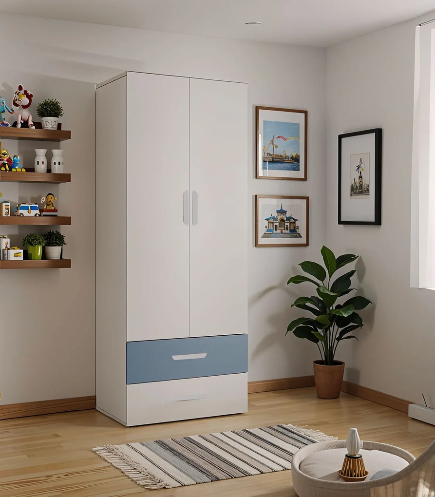 Dwudrzwiowa szafa z półkami i drążkiem kaszmir + niebieski A8-A19