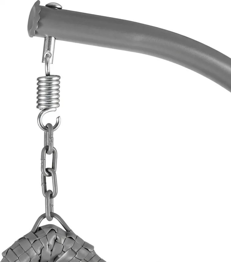 Szare wiszące krzesło KOKON ze stojakiem, biało-szara poduszka