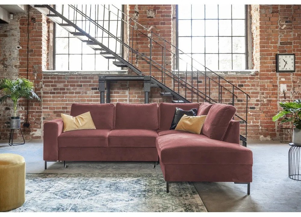 Różowy aksamitny rozkładany narożnik (prawostronny) Lofty Lilly – Miuform