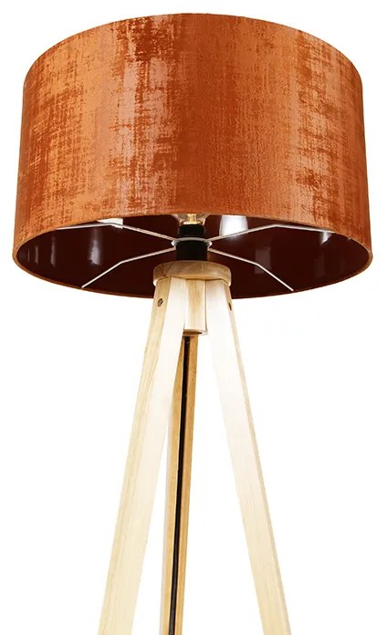 Lampa podłogowa drewniana z pomarańczowym abażurem z tkaniny 50 cm - Tripod Classic Rustykalny / Vintage Oswietlenie wewnetrzne