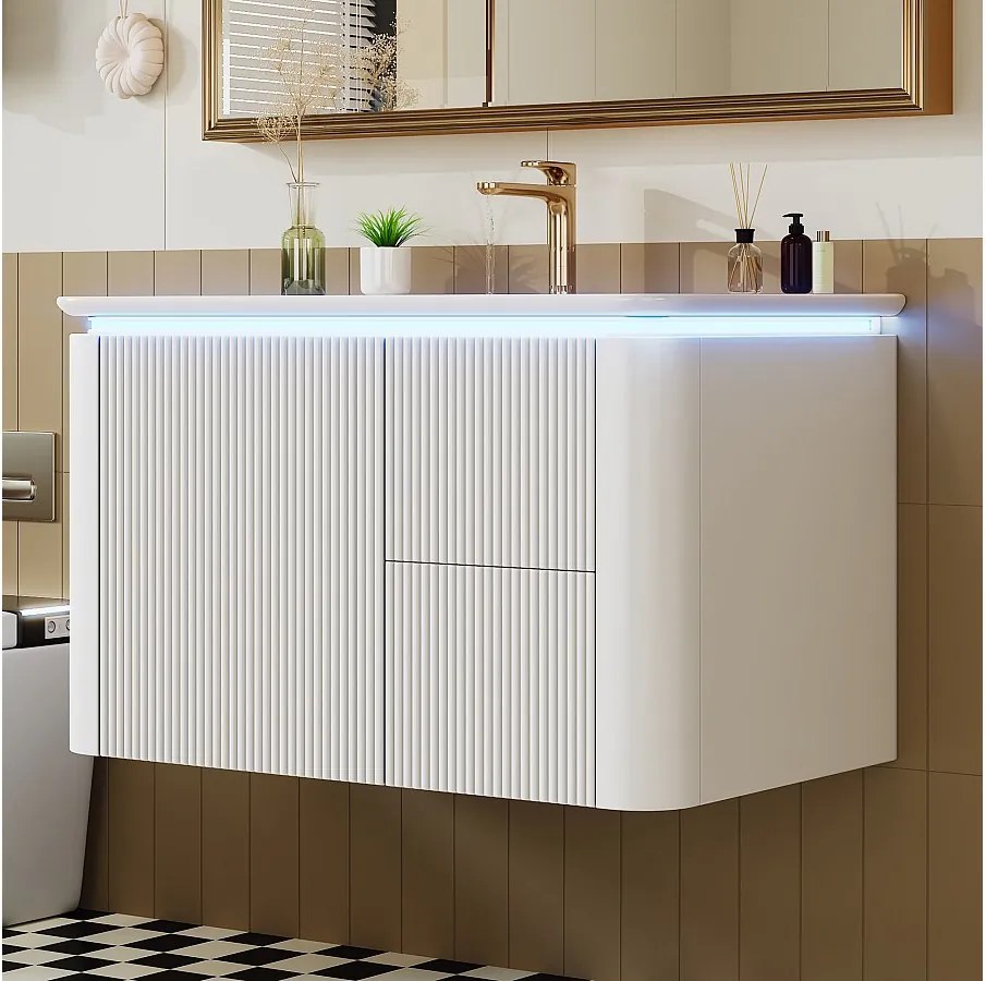 Szafka ścienna pod umywalkę ceramiczną z pojedynczą umywalką - 80,5 x 47 x 51 cm - wykończenie lakierowane - z diodami LED + 3 szuflady - ceramika + MDF - biała