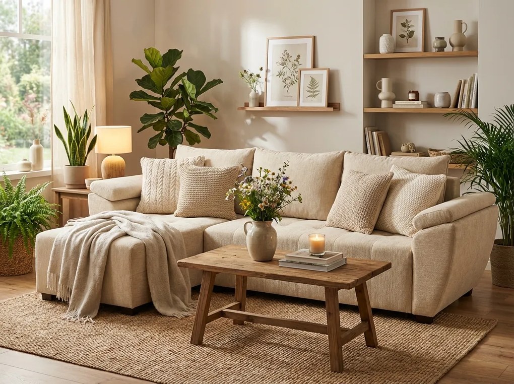 Rozkładana narożna sofa LIVARO 305x140 cm, kremowa, uniwersalna