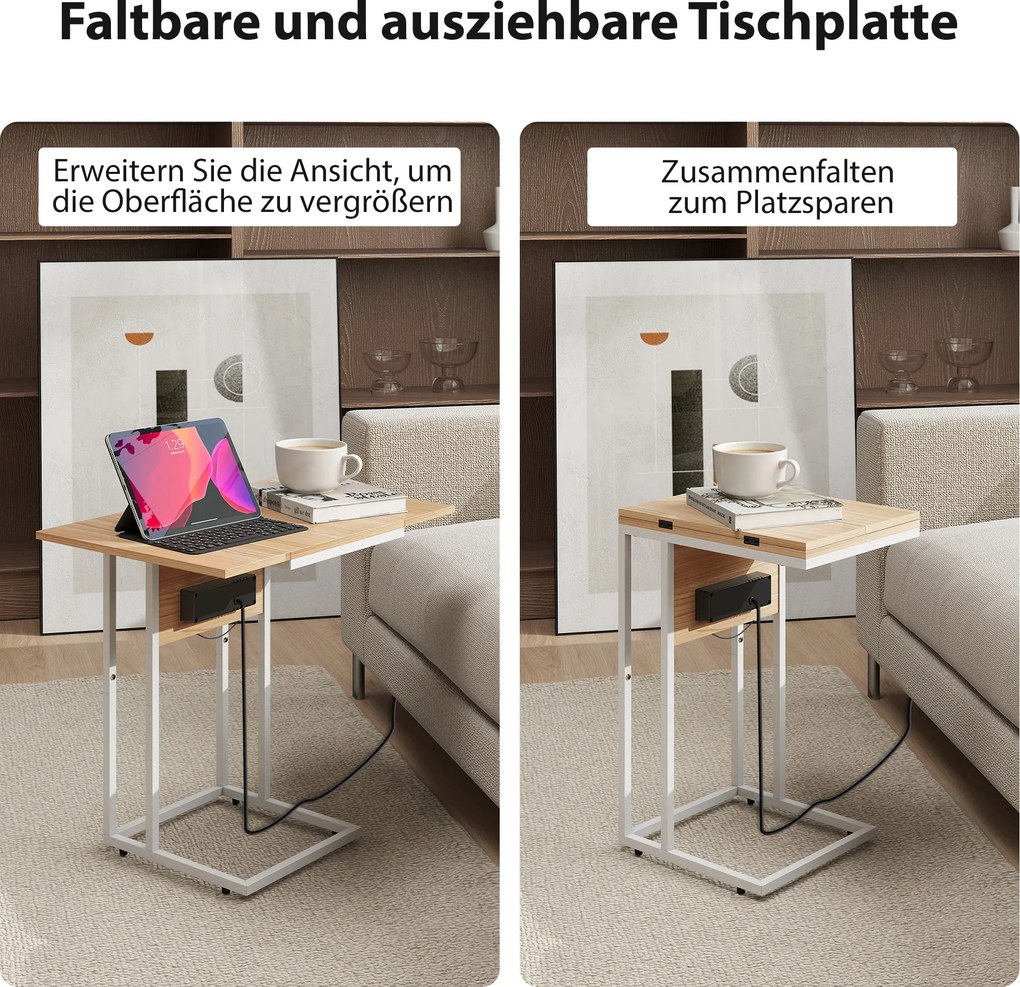 HOMCOM Składany stolik boczny, stacja ładująca z portami USB, metal, 39 x 29 x 57 cm, kolor drewna | Aosom PL