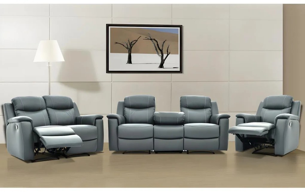 Kanapa 3-osobowa, 2-osobowa i fotel z funkcją relax EVASION ze skóry - Szary