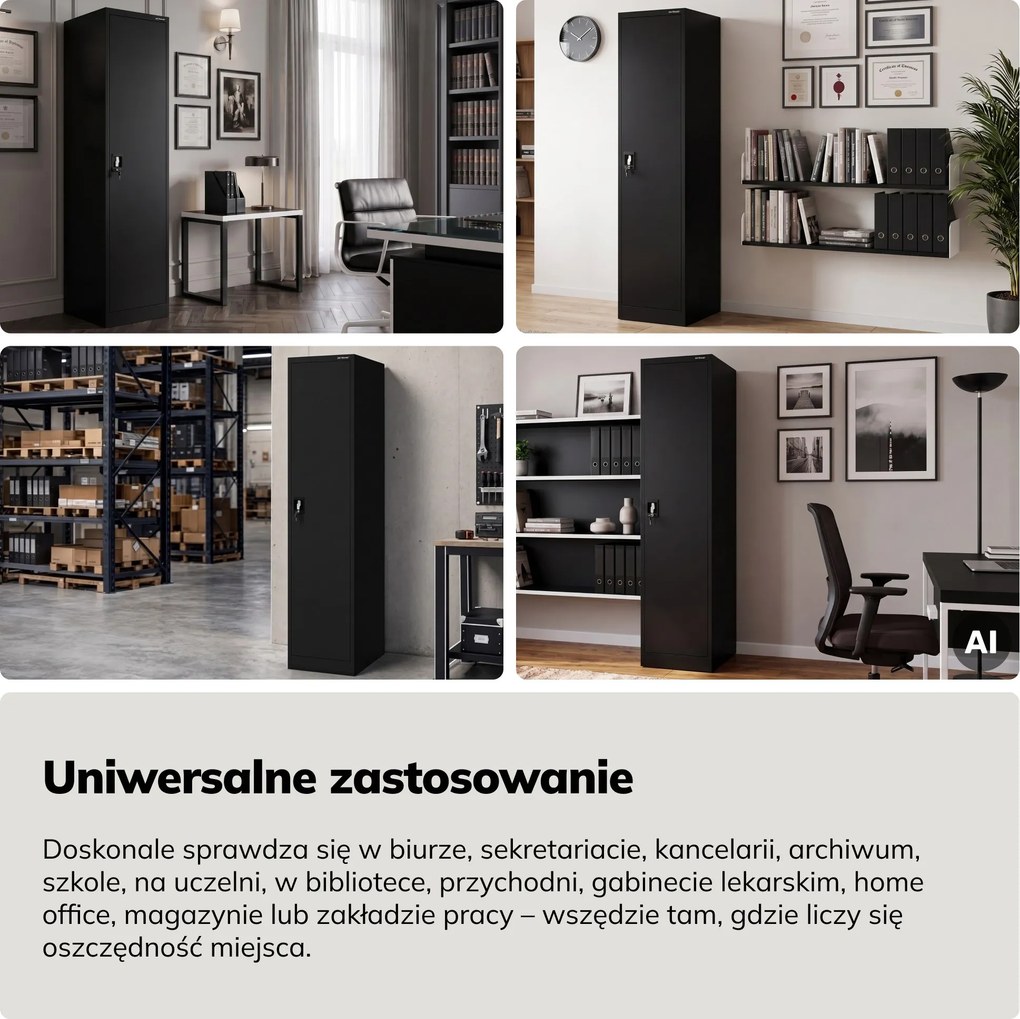 Szafa na akta kartotekowa na klucz czarna, 450x1850x600 mm: ALEX D600