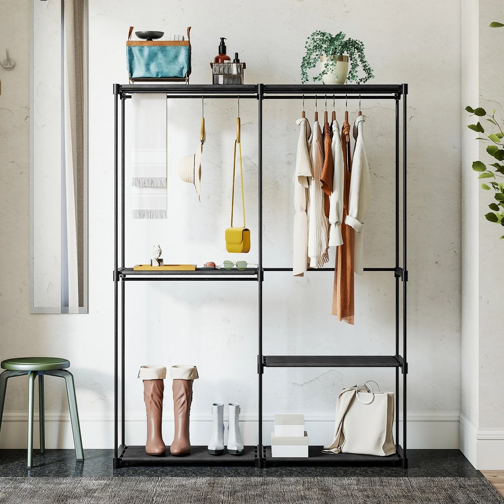 HOMCOM Przenośny stojak na ubrania, metalowy stelaż, półki z włókniny, dużo miejsca, czarny