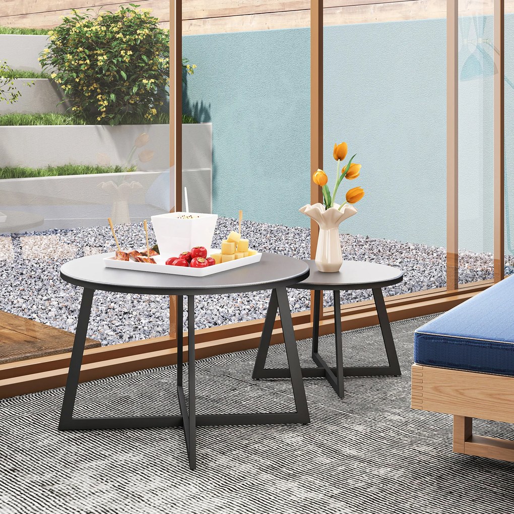 Outsunny Zestaw 2 Składanych Stolików Pomocniczych, Stolik Ogrodowy Okrągły, Odporny na Warunki Pogodowe, Balkonowy z Nogami X, Blat ze Szkła Hartowanego Stal, Czarny+Szary