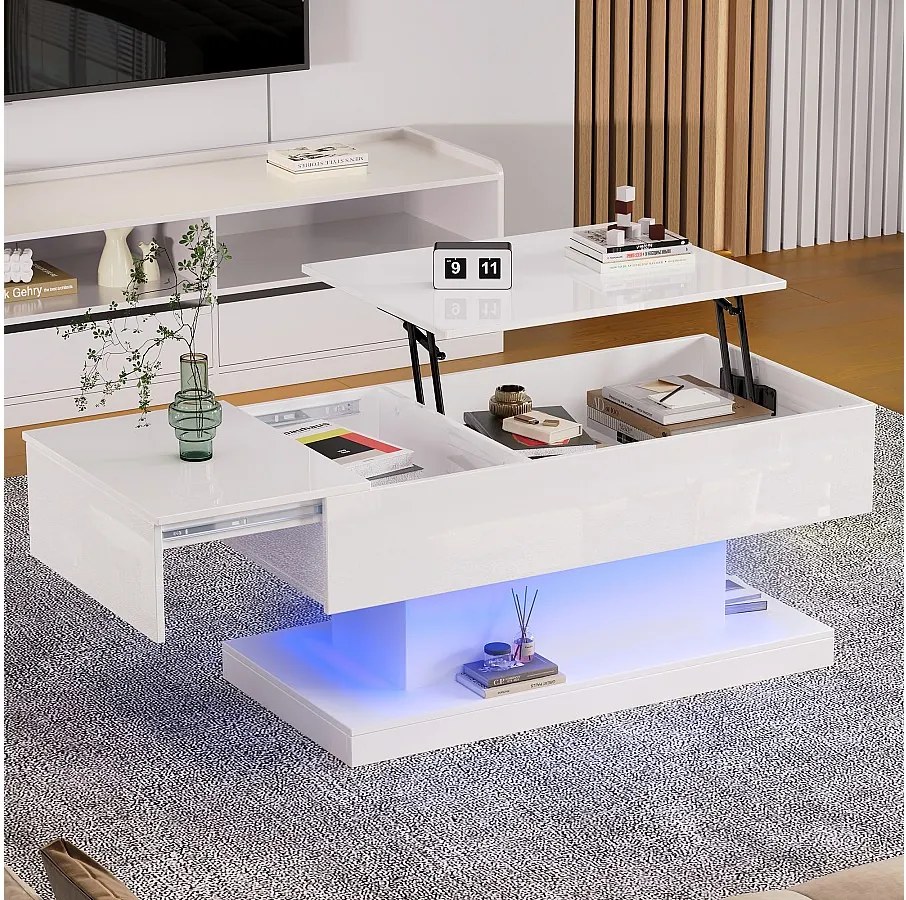 Stolik kawowy z podnoszonym blatem - 100 x 50 x 45 cm - diody LED - płyta wiórowa i metal - połyskujący biały