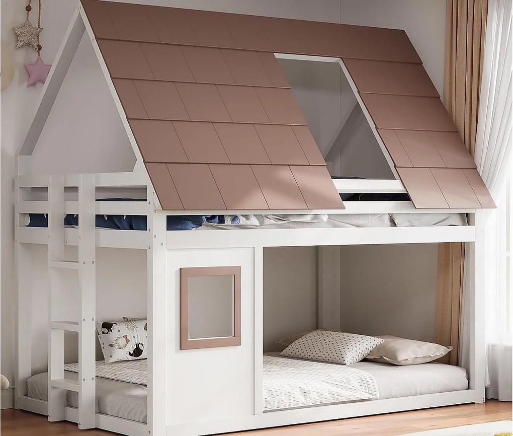 Łóżko piętrowe 140x200 cm - z dachem i oknem - z drabiną i barierką bezpieczeństwa - MDF+Sosna - Biały + Brązowy​ (bez materaca)