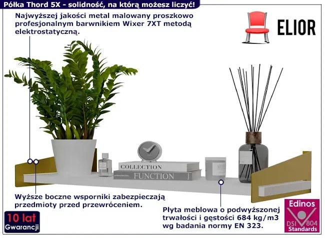 Wisząca półka w stylu glamour złoty + biały - Mizu 5X