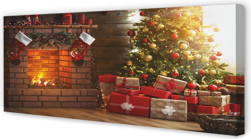 Obraz drukowany na płótnie Świąteczny Kominek z Choinką i Prezentami