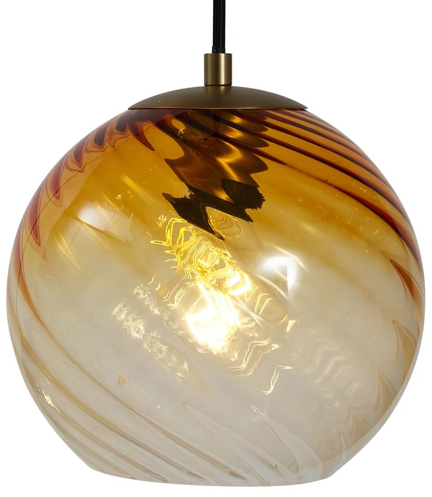 Lampa wisząca brązowa z dymionym bursztynowym i zielonym szkłem okrągła 4-punktowa - Bao ArtDeco Oswietlenie wewnetrzne
