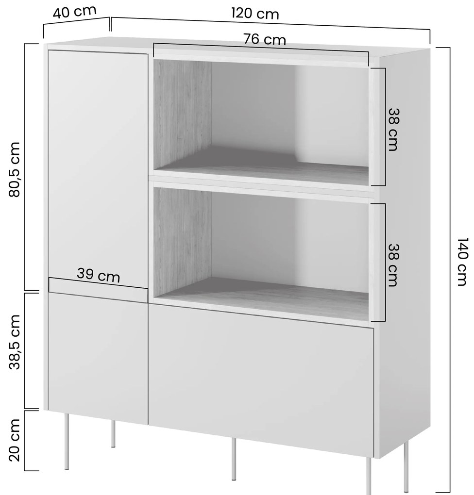 Komoda wysoka Desin 120 cm z wnękami, szufladą i metalowymi nogami- oliwka / dąb nagano