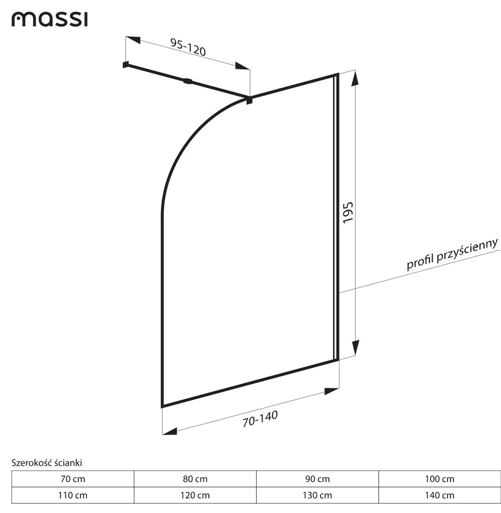 Ścianka prysznicowa WALK IN FIX przezroczysta półokrągła 8 mm MOLIS NATURE Clear Moon MASSI | różne rozmiary : Kolor profili kabiny - złoty, Szerokość ścianki - 110 cm , Typ montażu - WALK in FIX (Do ściany)