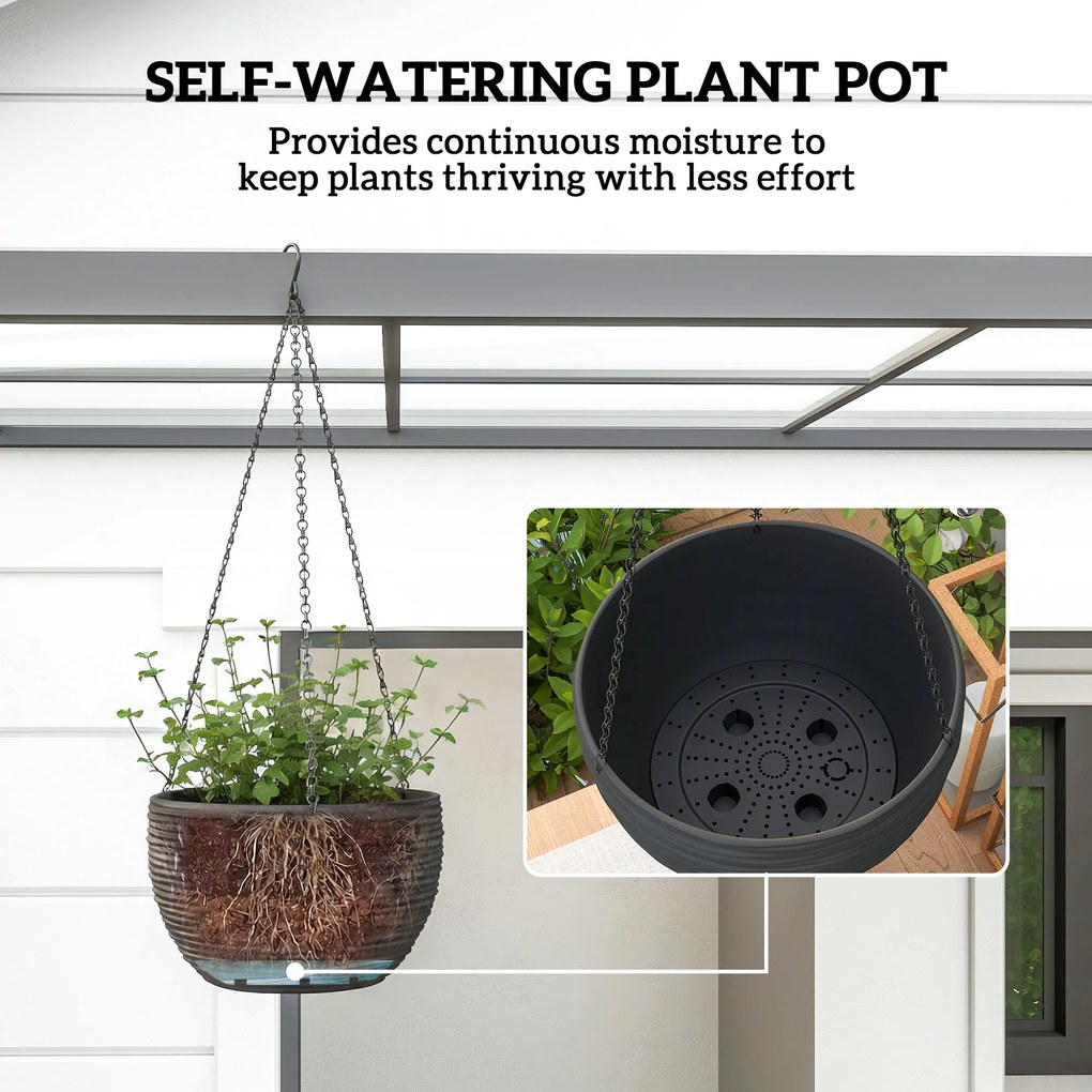Outsunny Pojemniki na rośliny do wnętrz i na zewnątrz, samonawadnianie, wiszące donice z metalowymi łańcuchami, 4 sztuki, czarne | Aosom PL