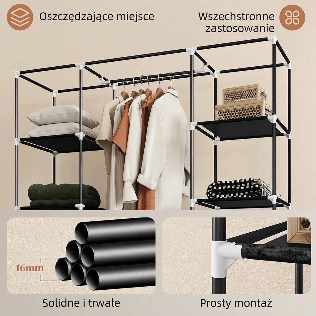 HOMCOM Szafa z włókniny Czarna Składana z 9 półkami i wieszakiem na ubrania 150x43x1625cm | Aosom PL
