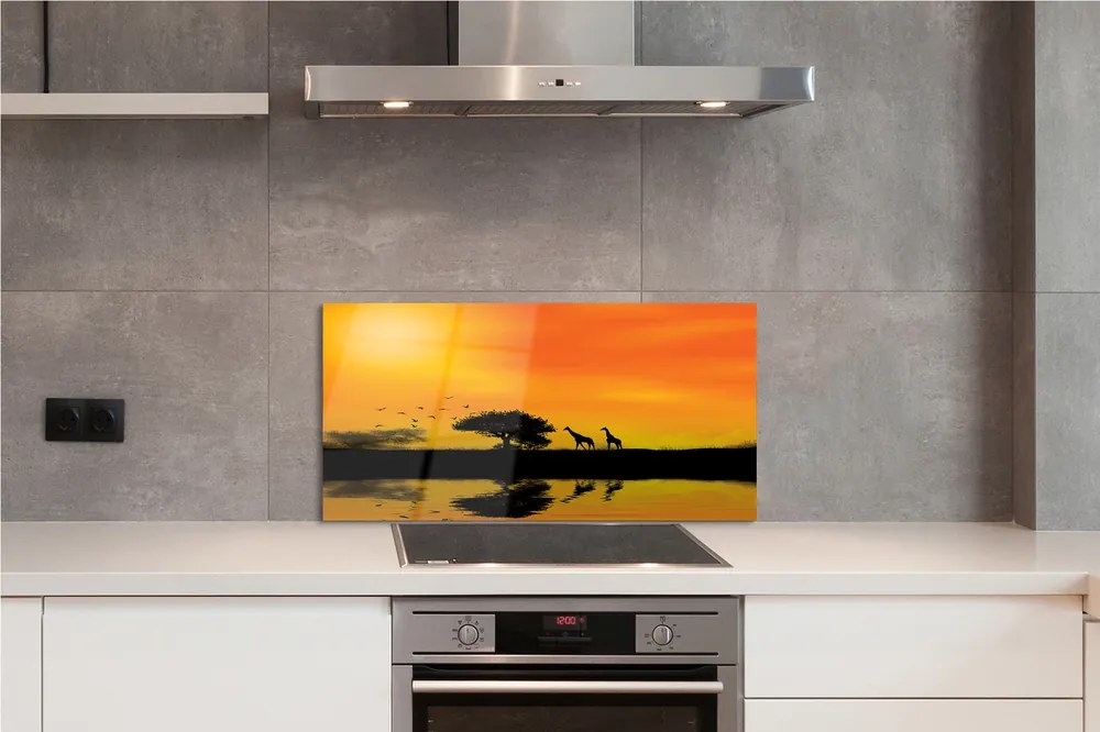 Panel szklany do Kuchni Żyrafy nad Jeziorem o Zachodzie Słońca