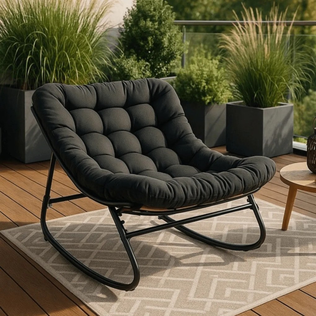 Bujany fotel na taras Aurora - bujak ogrodowy z pikowaną poduchą, czarny