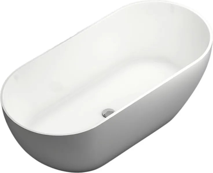 Massi Wanna wolnostojąca owalna z konglomeratu biała błyszcząca 160 x 75 cm RONA White Glow przelew typu SLIM cienki rant : Kolor wanny - Biały matowy