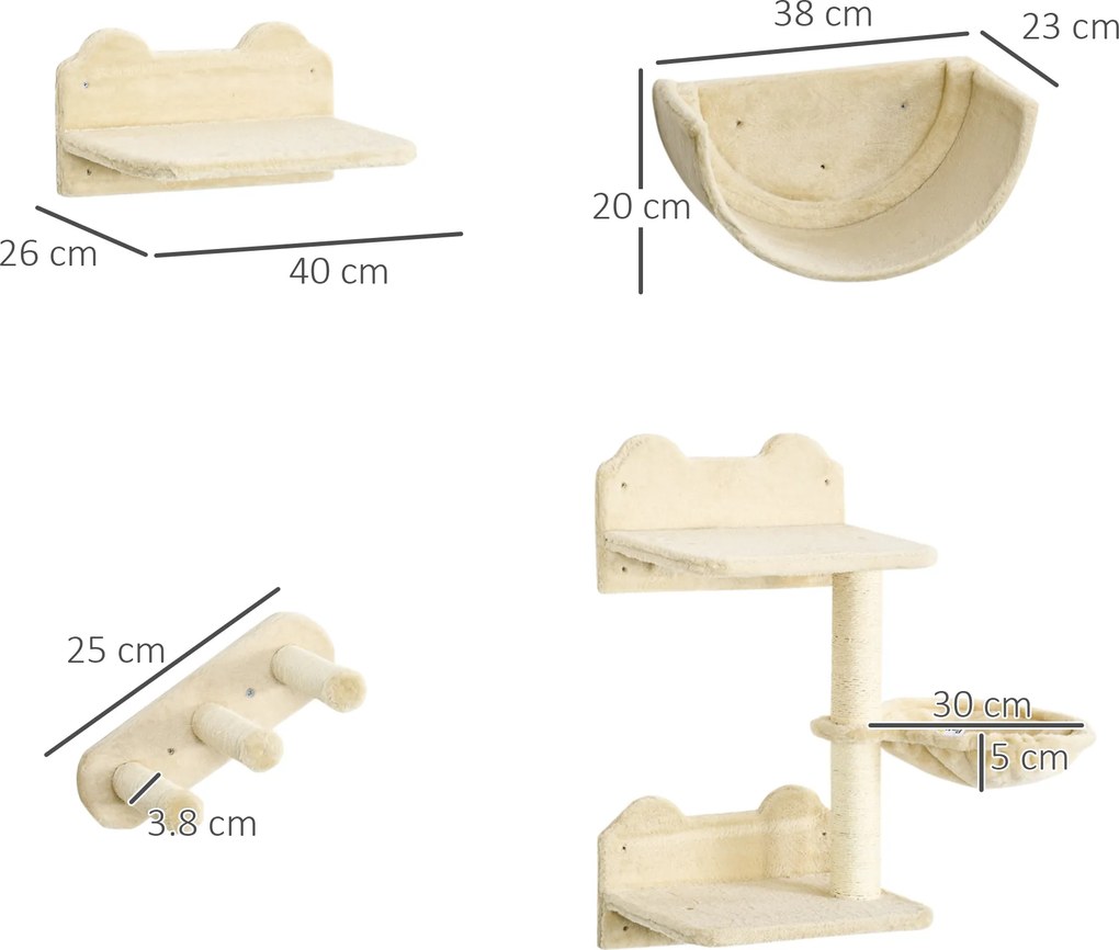 PawHut Kompletny zestaw Wspinaczkowy dla Kotów, 4-częściowy, Trzypoziomowa Platforma, Drabinka, Płyta Wiórowa, Beżowy