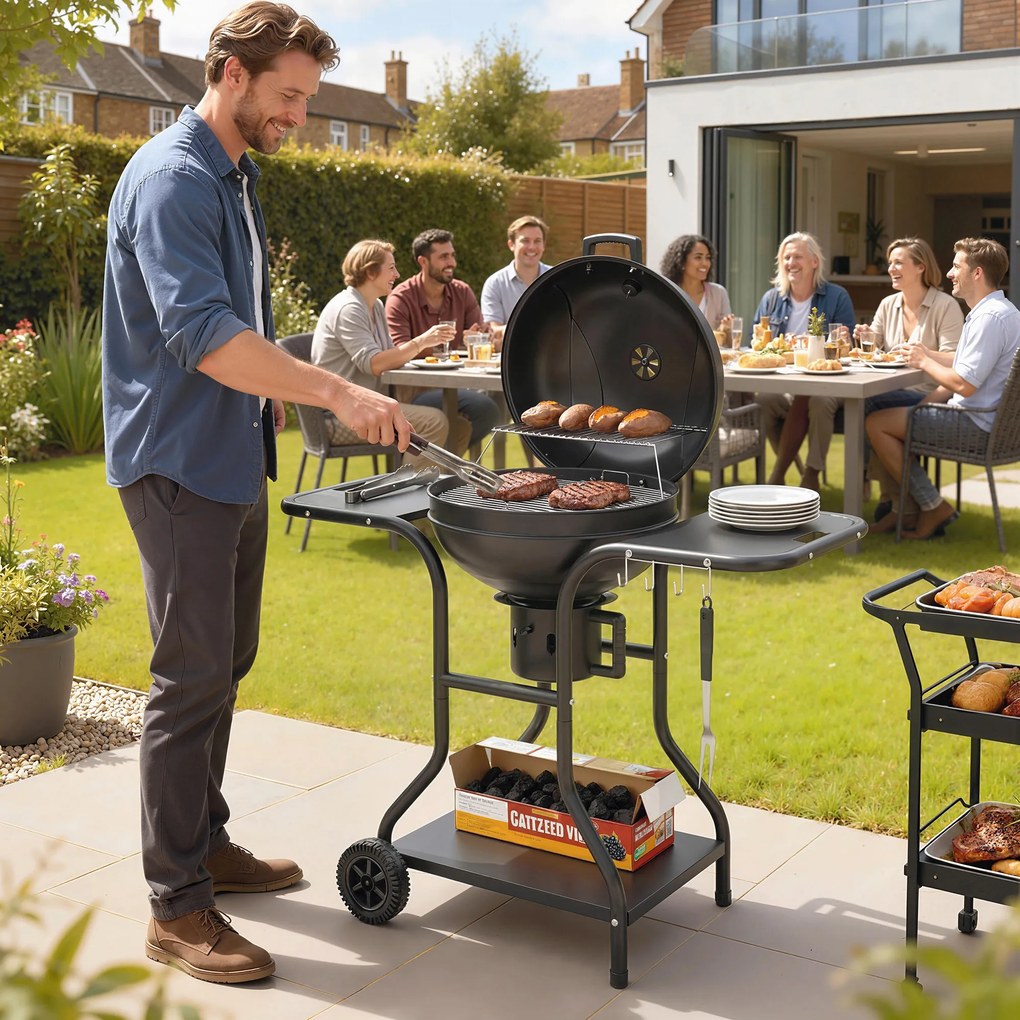 Outsunny Grill węglowy BBQ z bocznymi stolikami, termometrem w pokrywie, kółkami 129 x 63,5 x 106,5 cm | Aosom PL