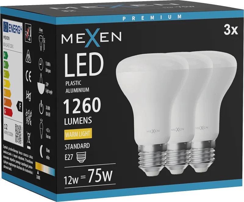 Mexen Nova 3x żarówka LED E27, R63, 12W, Ciepła - 3000K, 1260 lm - L104-E27-1230-01x03