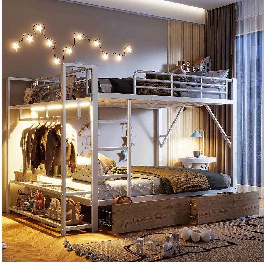 Łóżko piętrowe dla dzieci - 2 x 140 x 200 cm - rama żeliwna - z 2 szufladami + półki + diody LED - metalowe - białe