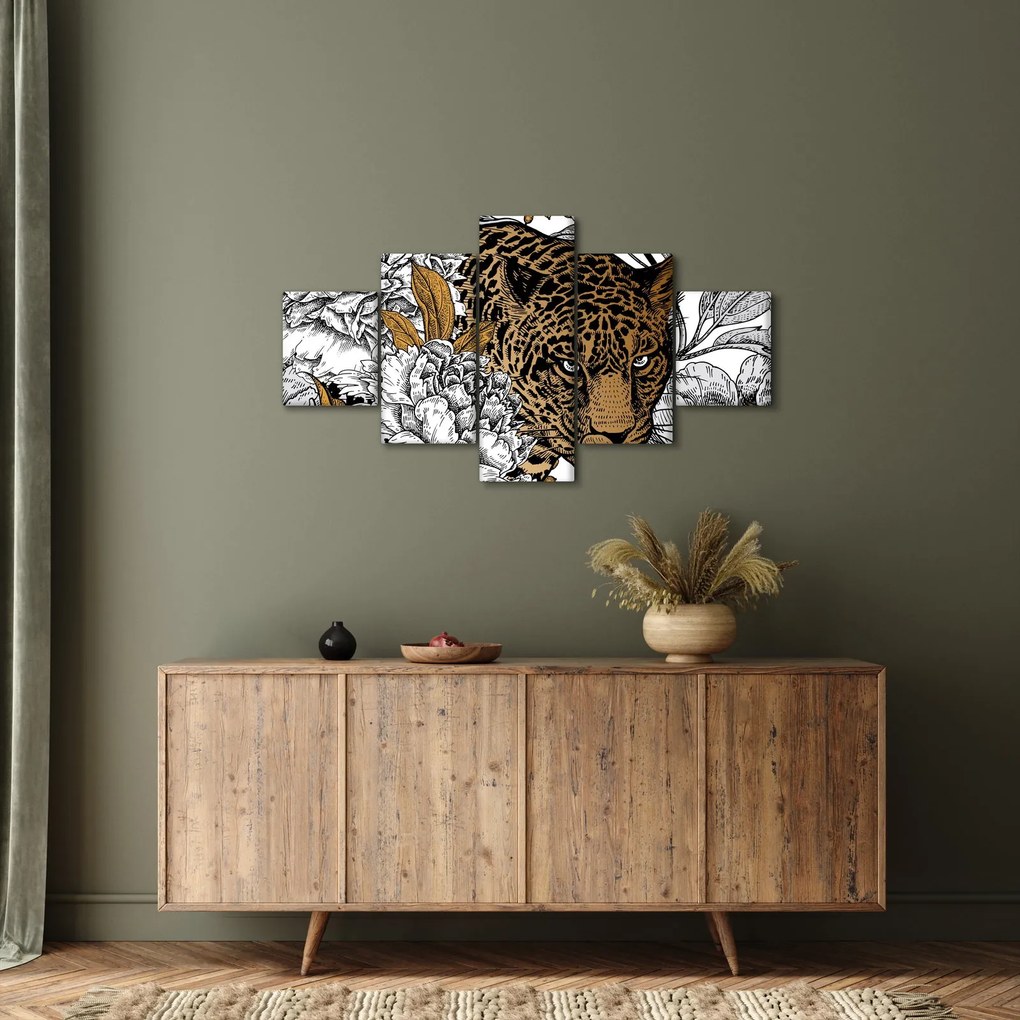 Obraz - Lampart pośród kwiatów (125x70 cm)
