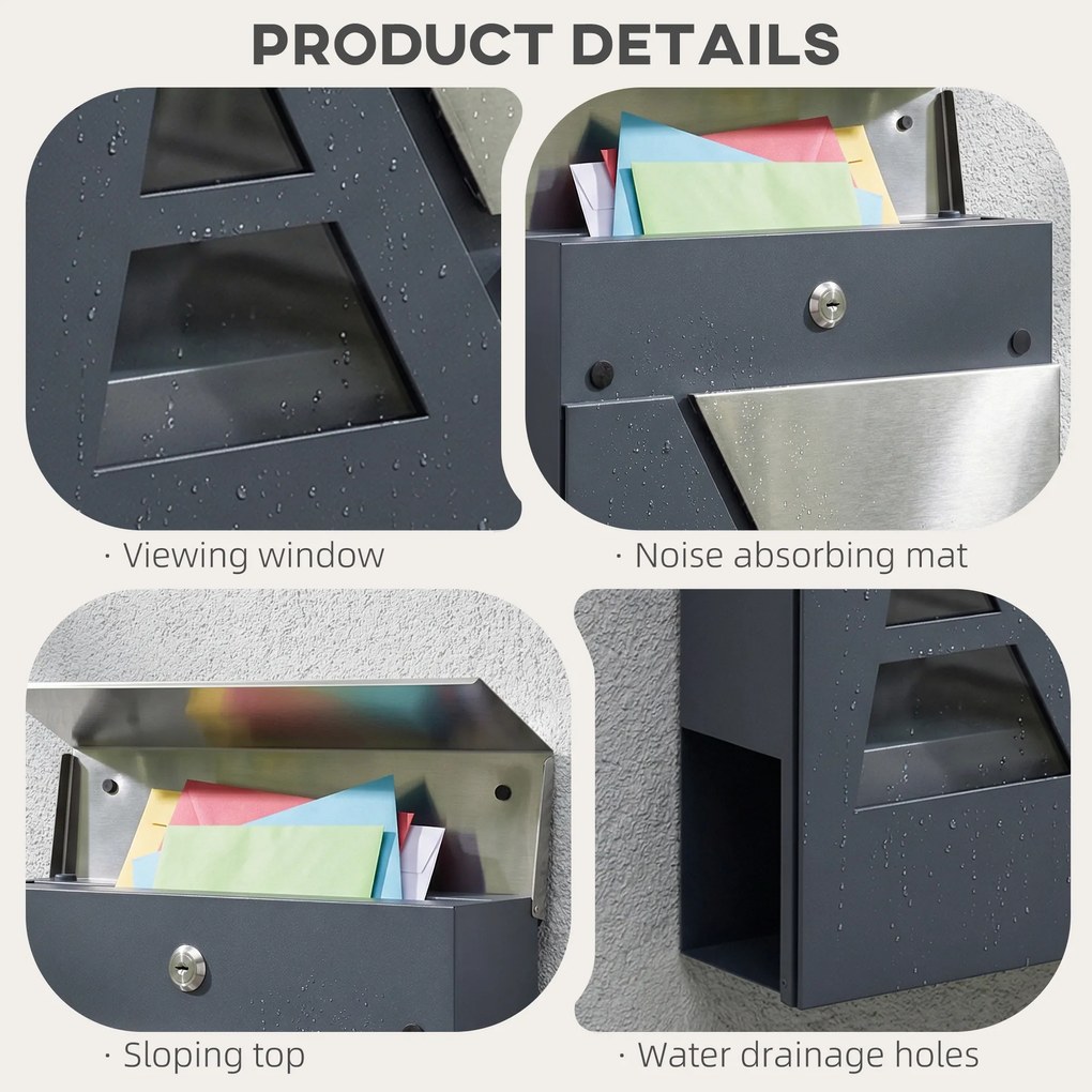 HOMCOM Skrzynka na listy do montażu na ścianie, odporna na warunki atmosferyczne, z uchwytem na gazety i 2 kluczami, ciemnoszara | Aosom PL