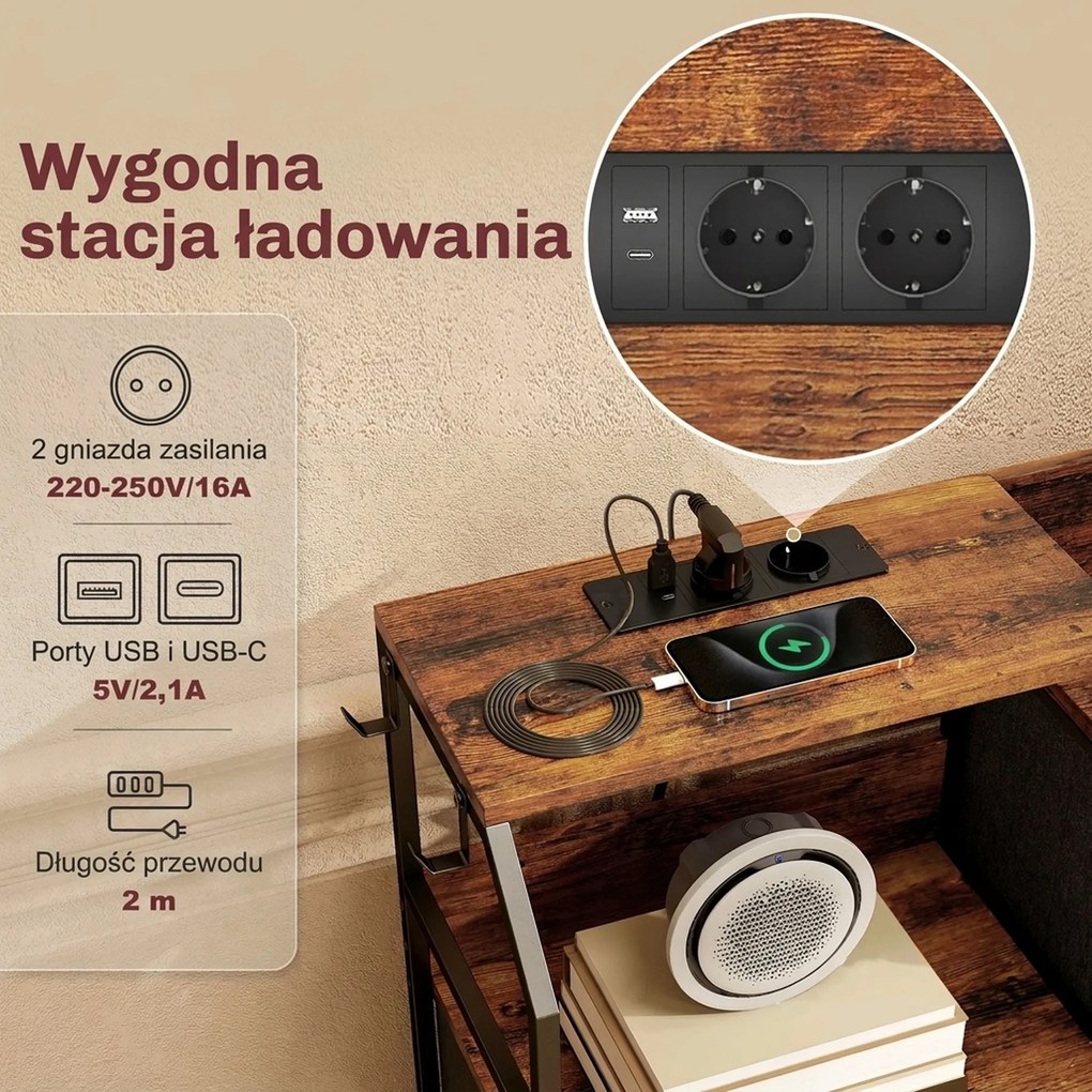 HOMCOM Komoda z 8 materiałowymi szufladami, stalowy stelaż, stacja ładowania, Rustykalny-Brąz+Czarny | Aosom PL