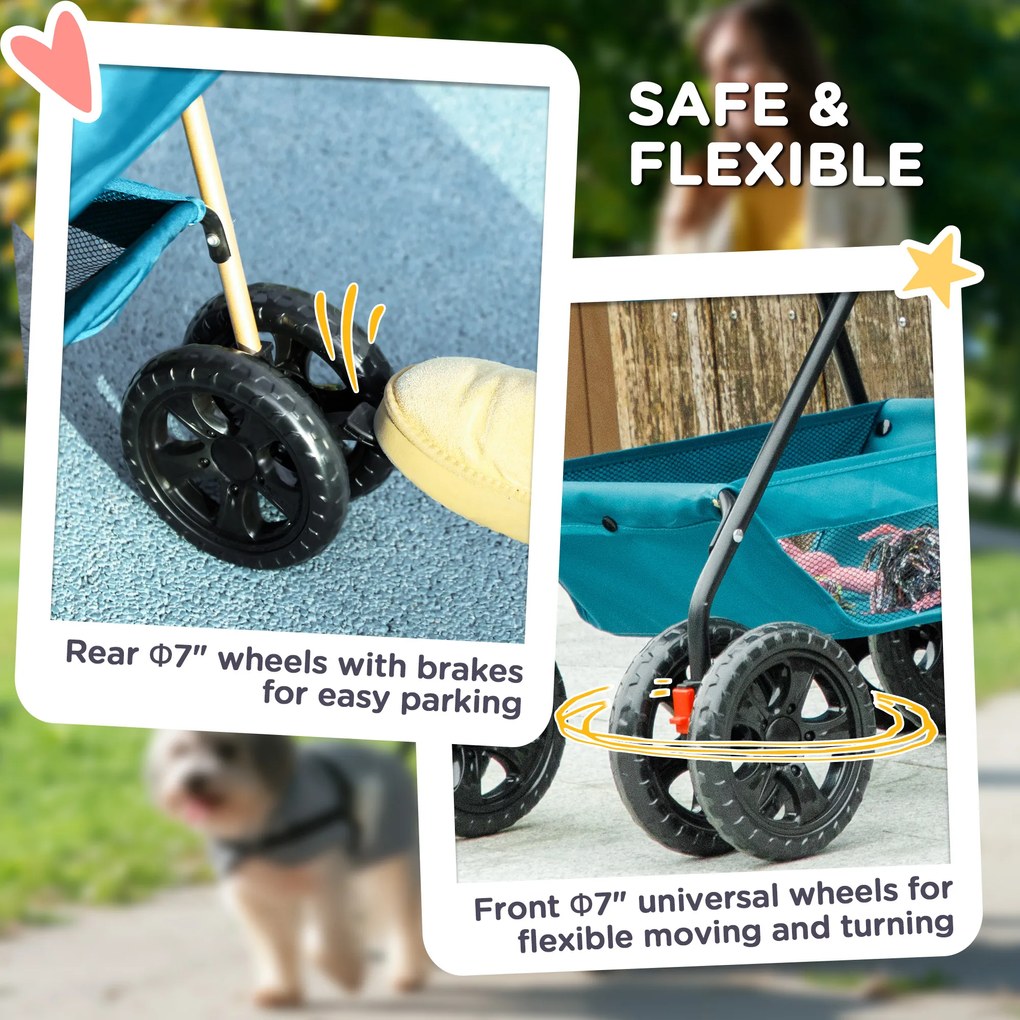 PawHut 3 w 1 Składany Wózek dla Zwierząt Domowych, Wózek dla Psów i Kotów z 4 Kołami i Odnoszoną Torbą, Turkusowy