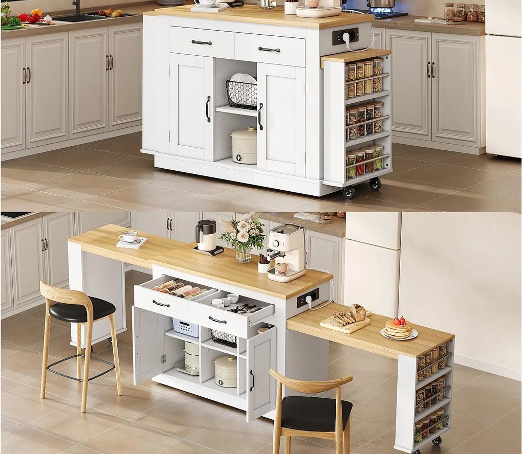Centralna wyspa kuchenna - 2 stoły rozsuwane - z 2 gniazdkami elektrycznymi i 2 portami USB - duże miejsce do przechowywania - Naturalny + Biały