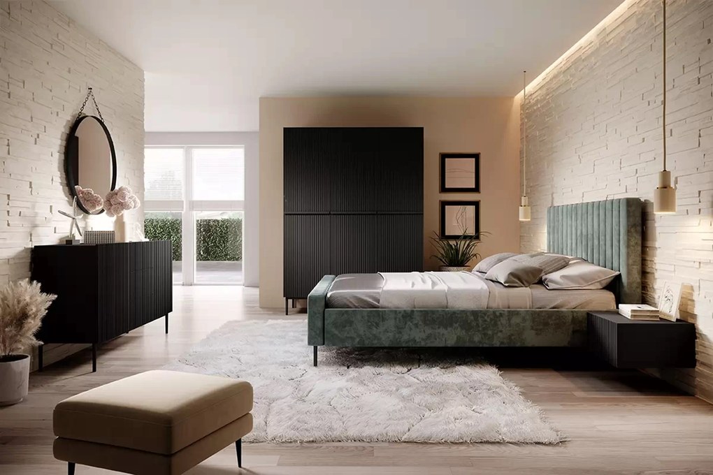 Komoda Nicole 150 cm z szufladami i ryflowanym frontem - czarny mat / czarne nóżki