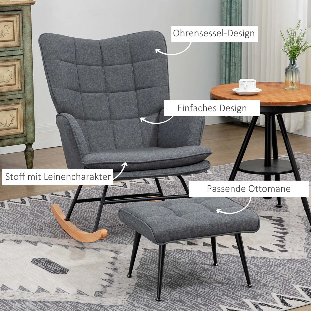 HOMCOM Krzesło Bujane z Podnóżkiem, Komfortowe, do 130 kg, Wygląd Lnu, 64x89x90 cm, Szary