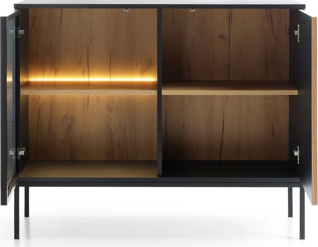 Emporius Haller komoda 100 cm na nóżkach - komoda dwudrzwiowa z oświetleniem LED, szklane drzwi, lamele